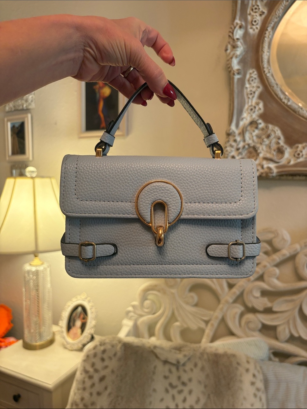 Pebbled sky blue Mini Bag with blue and white crossbody strap